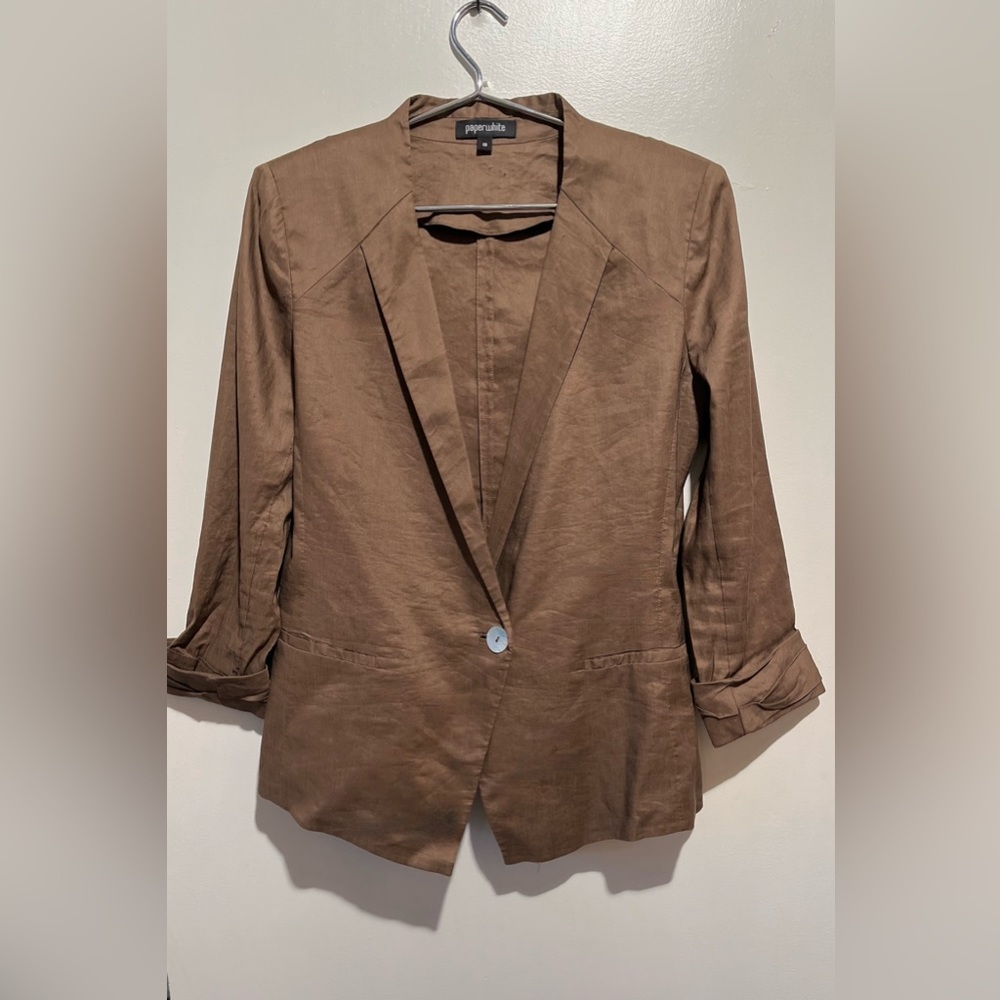 Vintage Paperwhite Linen Lightweight Brown Blazer Pleated Pearl Buttons Jacket